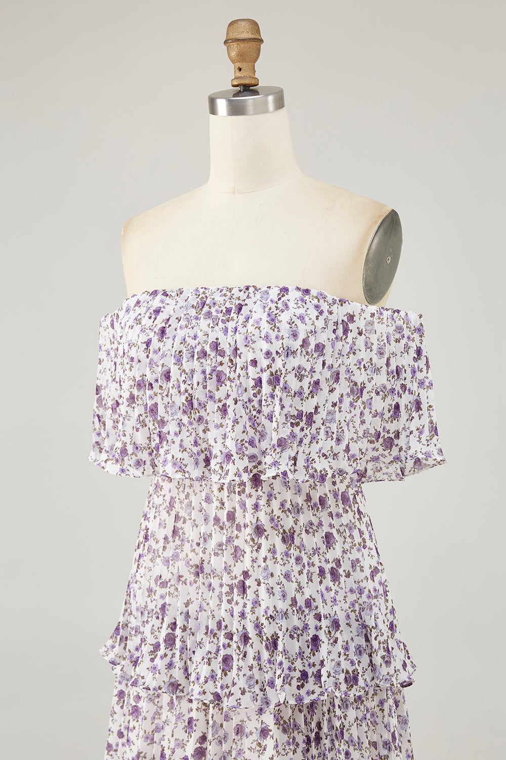 Purple Chiffon Tiered Long Floral Wedding Guest Dress with Ruffles