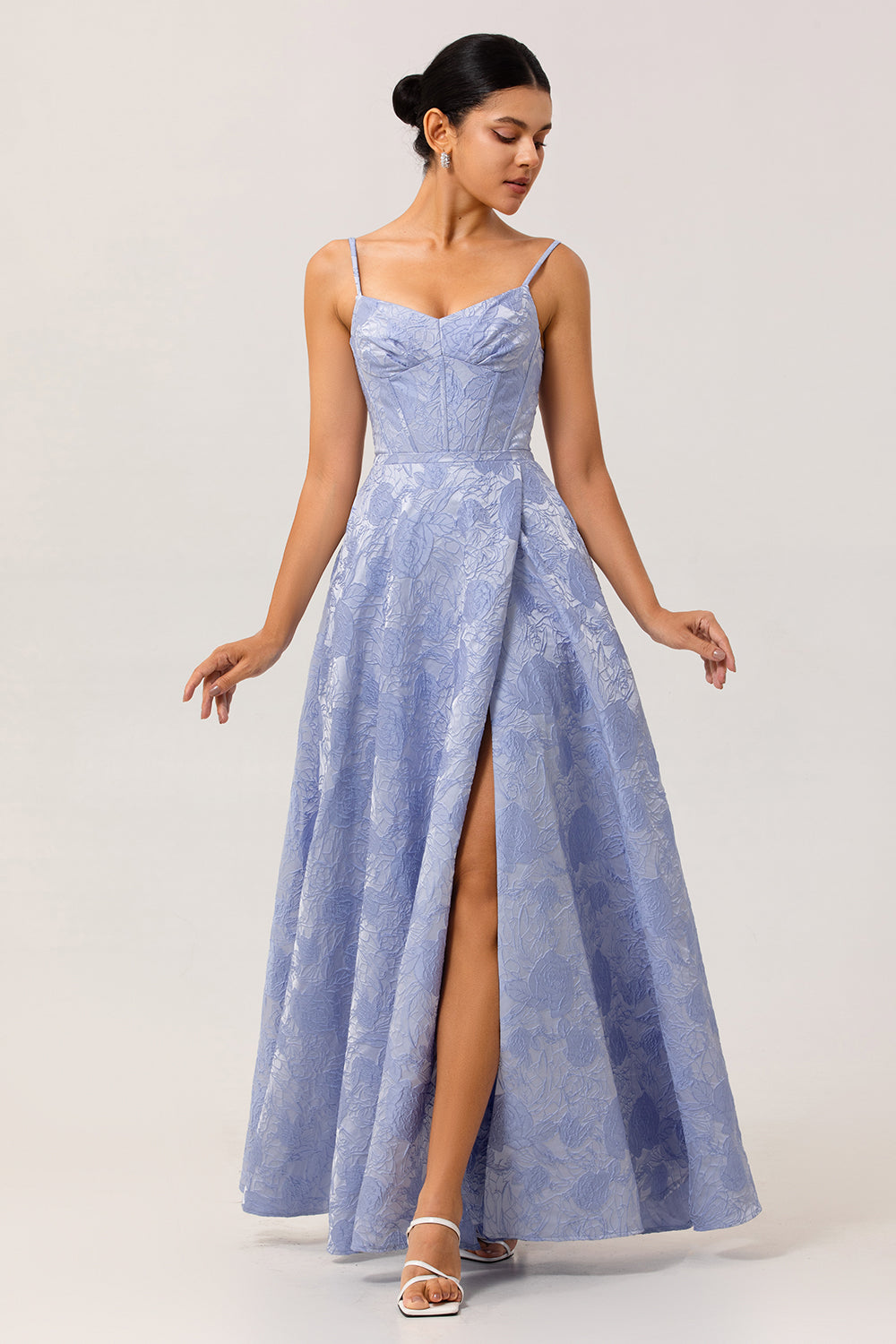 Blue Corset A Line Jacquard Long Floral Wedding Guest Dress with Slit
