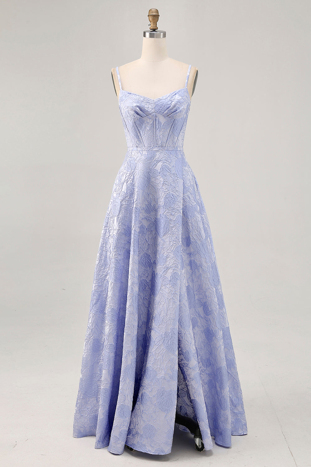 Floral Blue Corset Long Jacquard Wedding Guest Dress with Slit