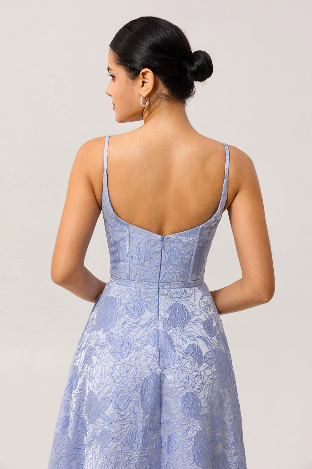 Blue Corset A Line Jacquard Long Floral Wedding Guest Dress with Slit