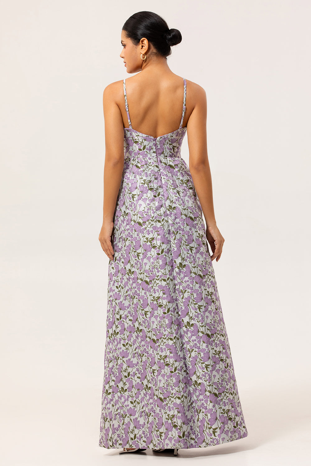 Purple Ruched Spaghetti Straps Long Floral Wedding Guest Dress