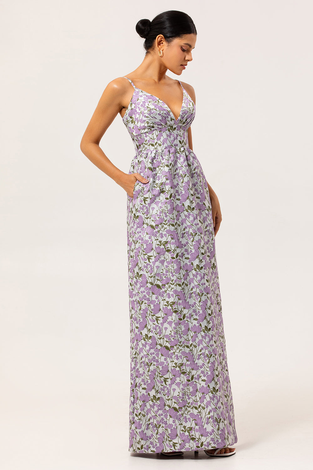 Purple Ruched Spaghetti Straps Long Floral Wedding Guest Dress