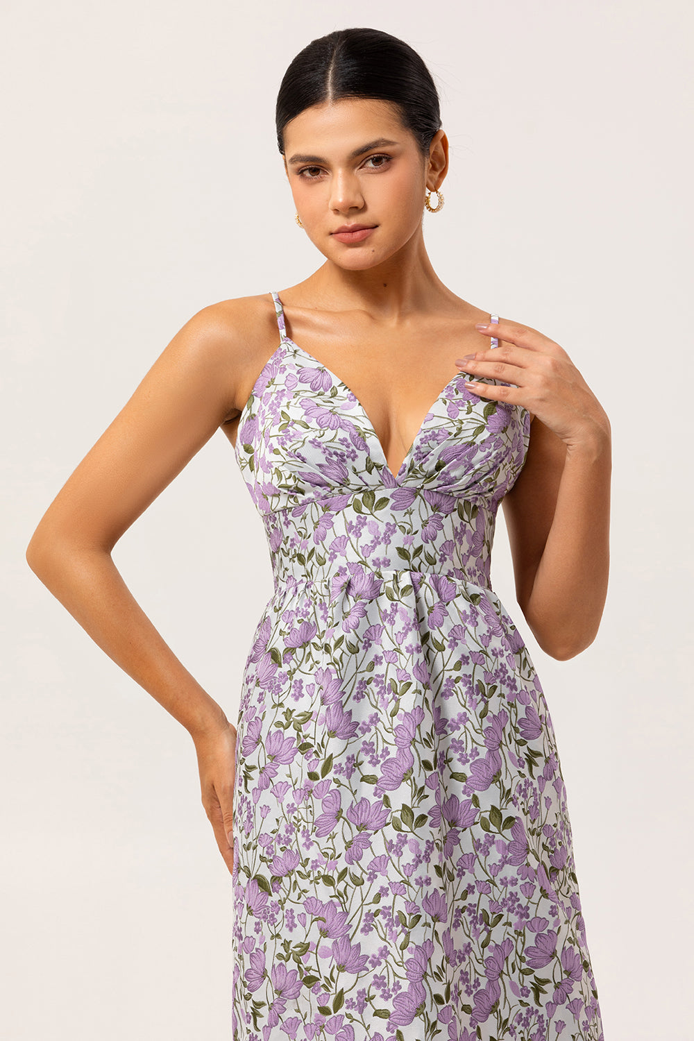 Purple Ruched Spaghetti Straps Long Floral Wedding Guest Dress