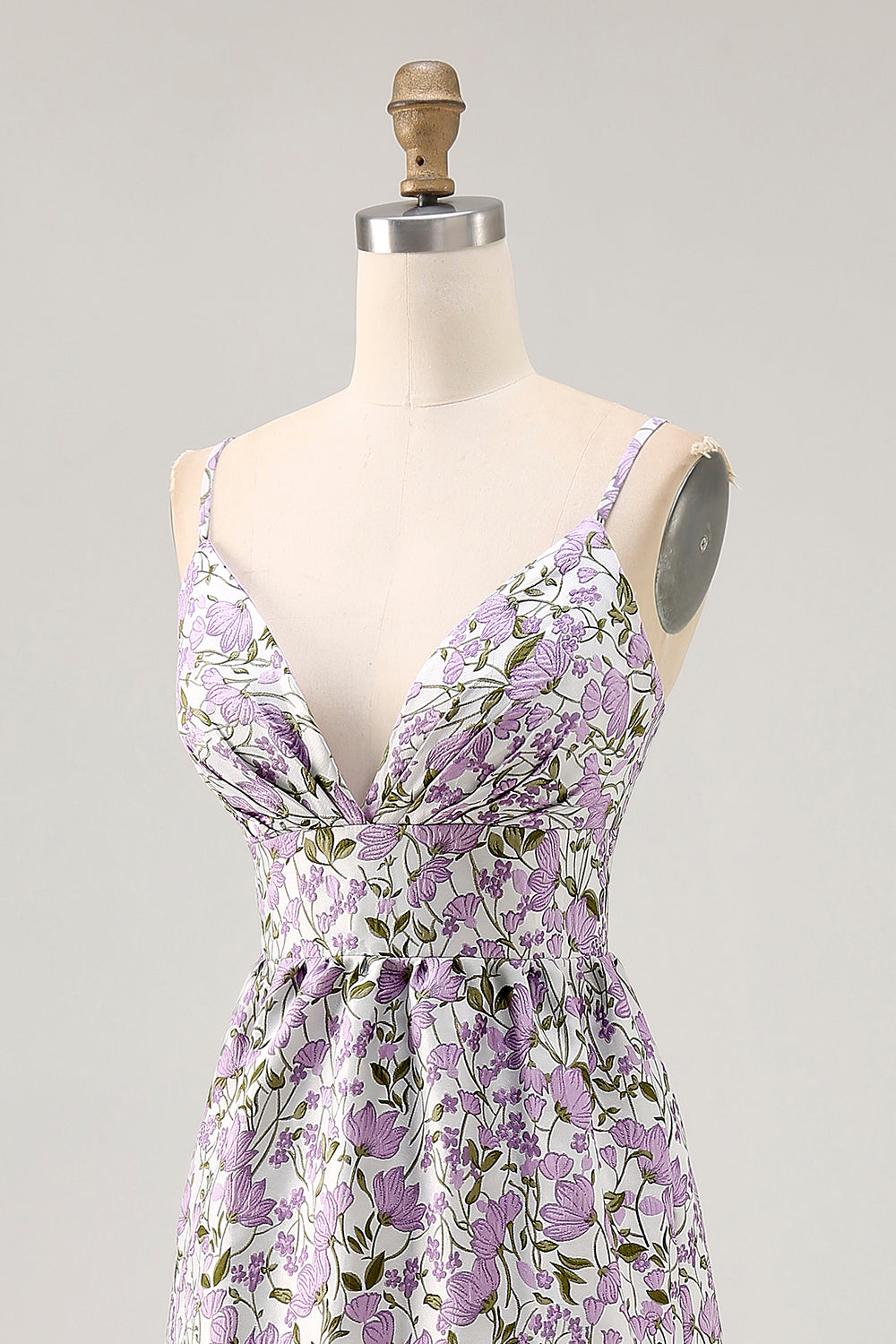 Floral Purple A Line Spaghetti Straps Ruched Long Wedding Guest Dress