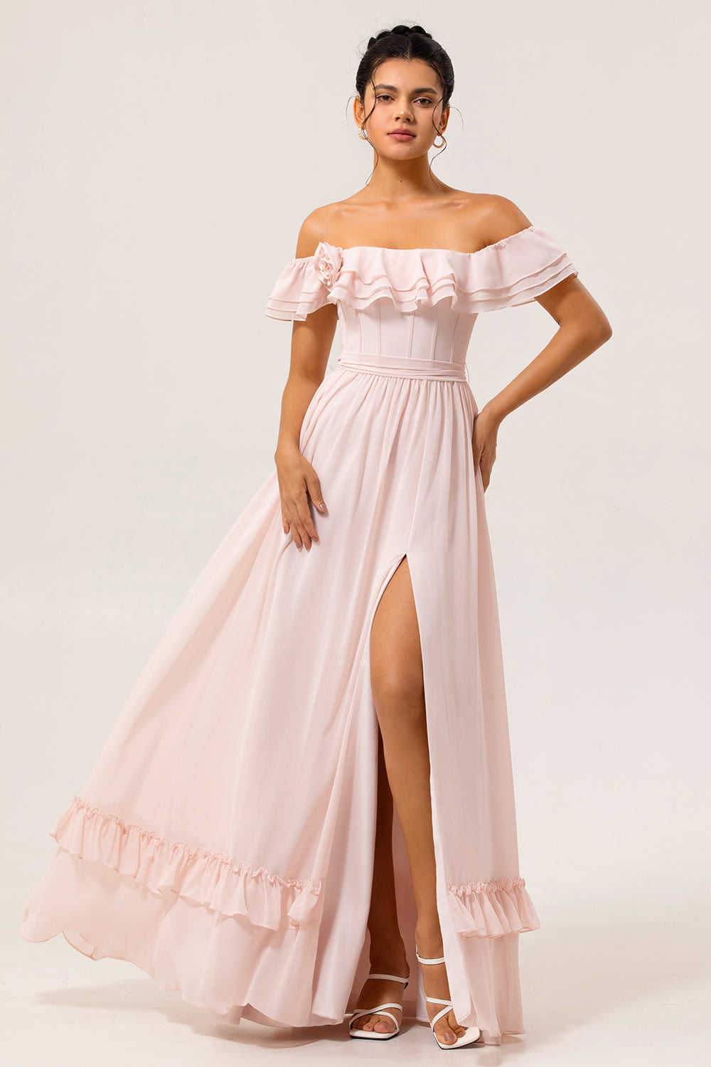 Blush Corset Ruffled Long Floral Wedding Guest Dress with Bow
