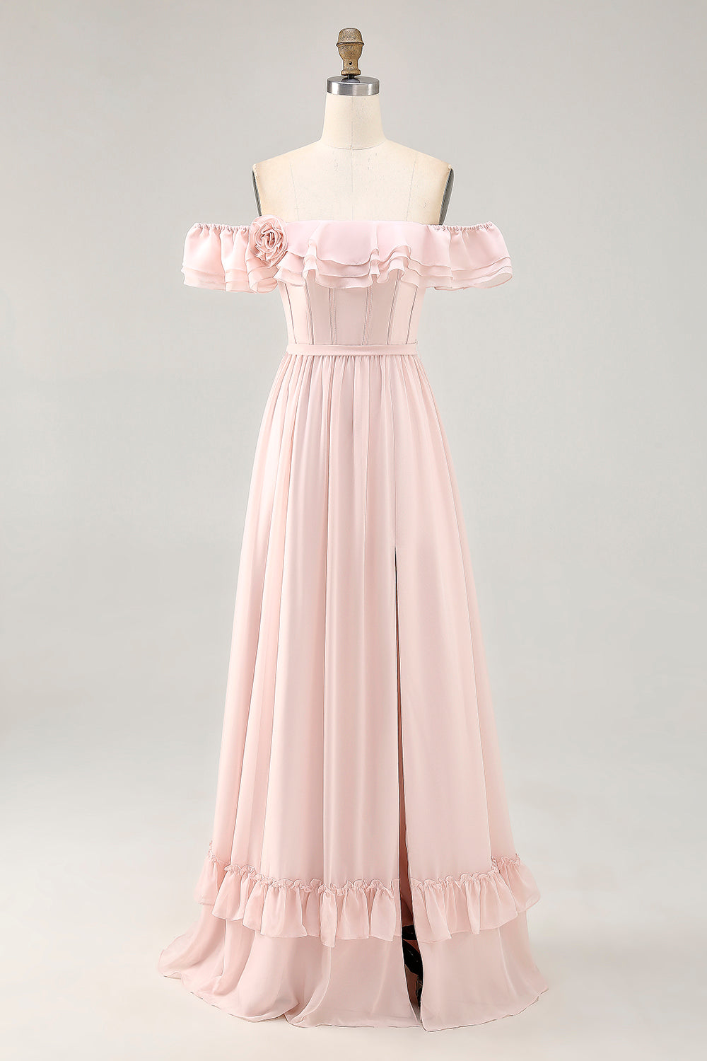 Floral Blush Ruffled Corset Long Wedding Guest Dress with Bow