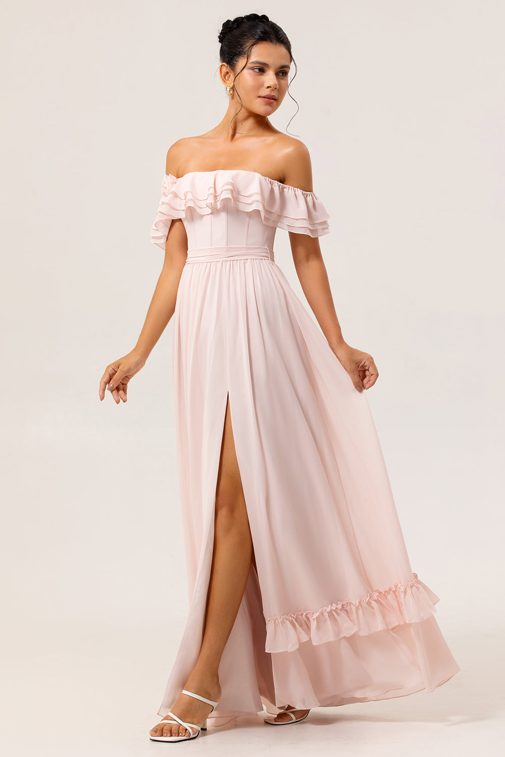 Blush Corset Ruffled Long Floral Wedding Guest Dress with Bow