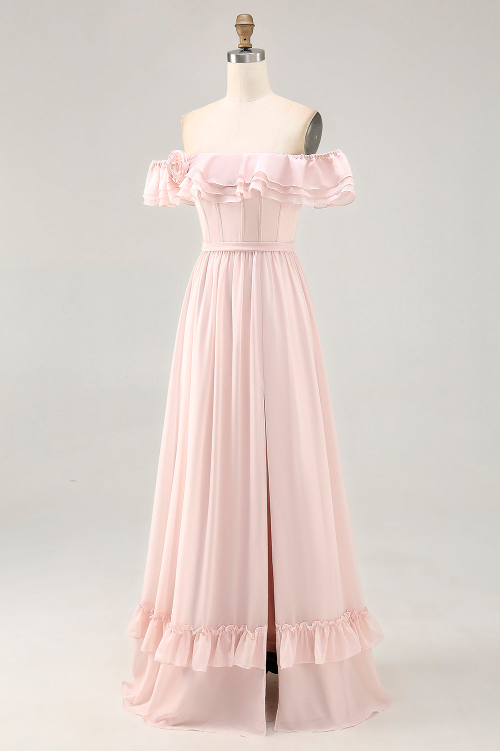 Floral Blush Ruffled Corset Long Wedding Guest Dress with Bow