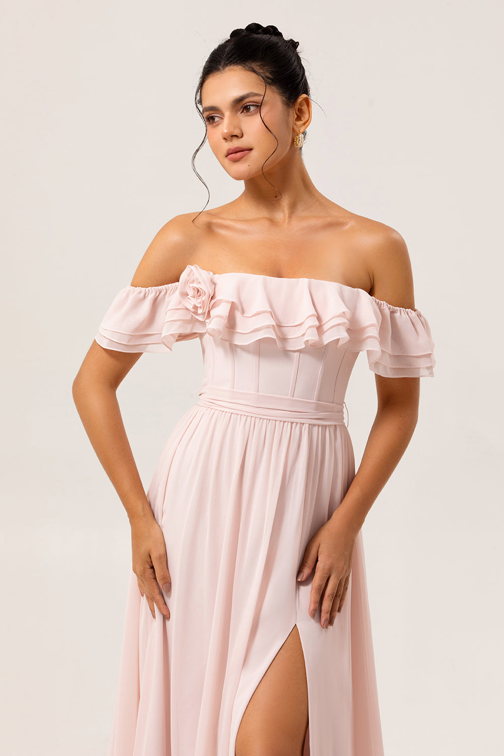 Blush Corset Ruffled Long Floral Wedding Guest Dress with Bow