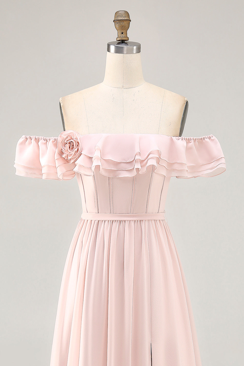 Floral Blush Ruffled Corset Long Wedding Guest Dress with Bow