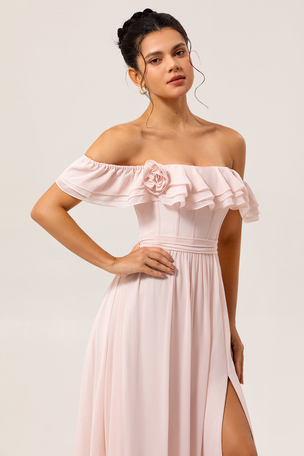 Blush Corset Ruffled Long Floral Wedding Guest Dress with Bow