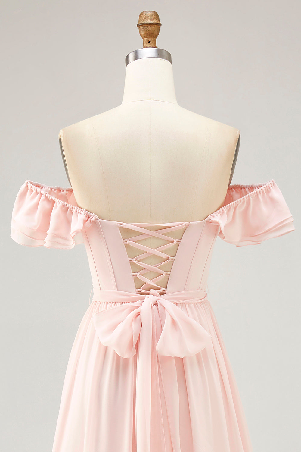 Floral Blush Ruffled Corset Long Wedding Guest Dress with Bow