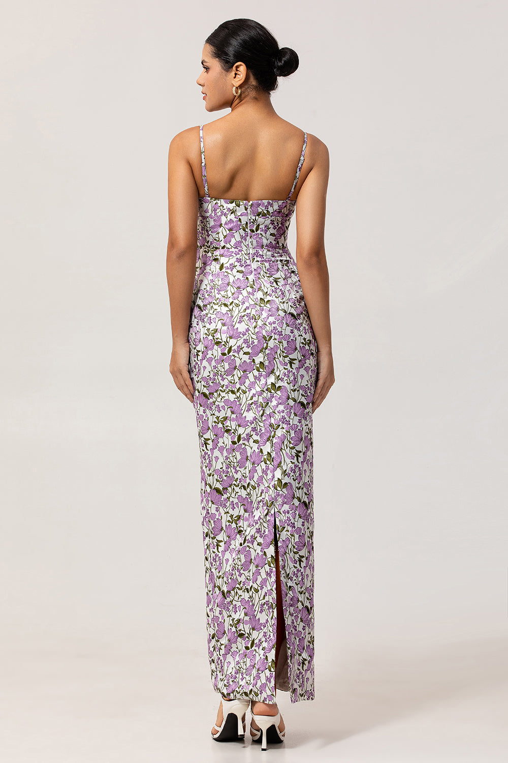 Purple Floral Sheath Spaghetti Straps Long Wedding Guest Dress with Slit