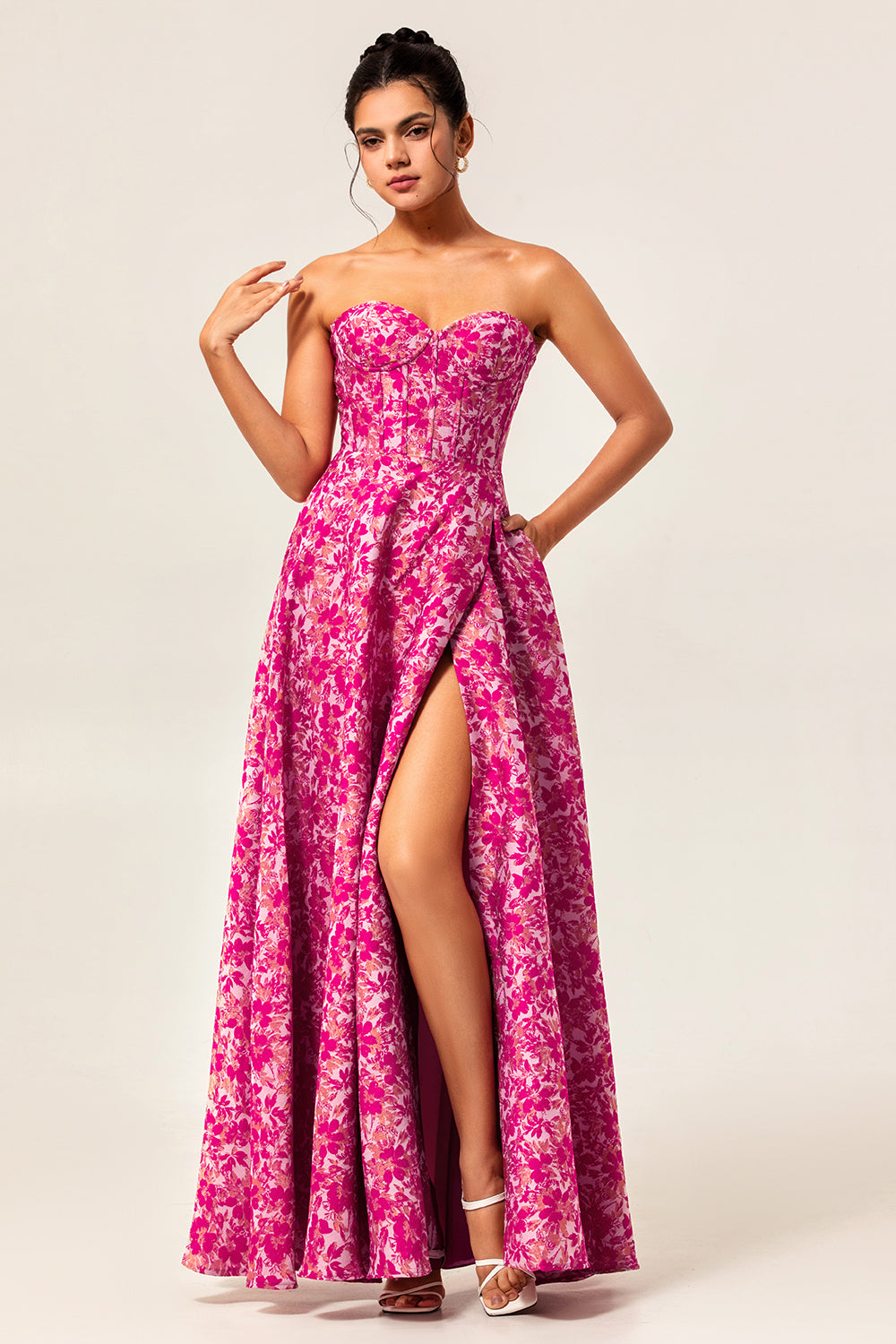 Floral Fuchsia Sweetheart Long Corset Wedding Guest Dress with Slit