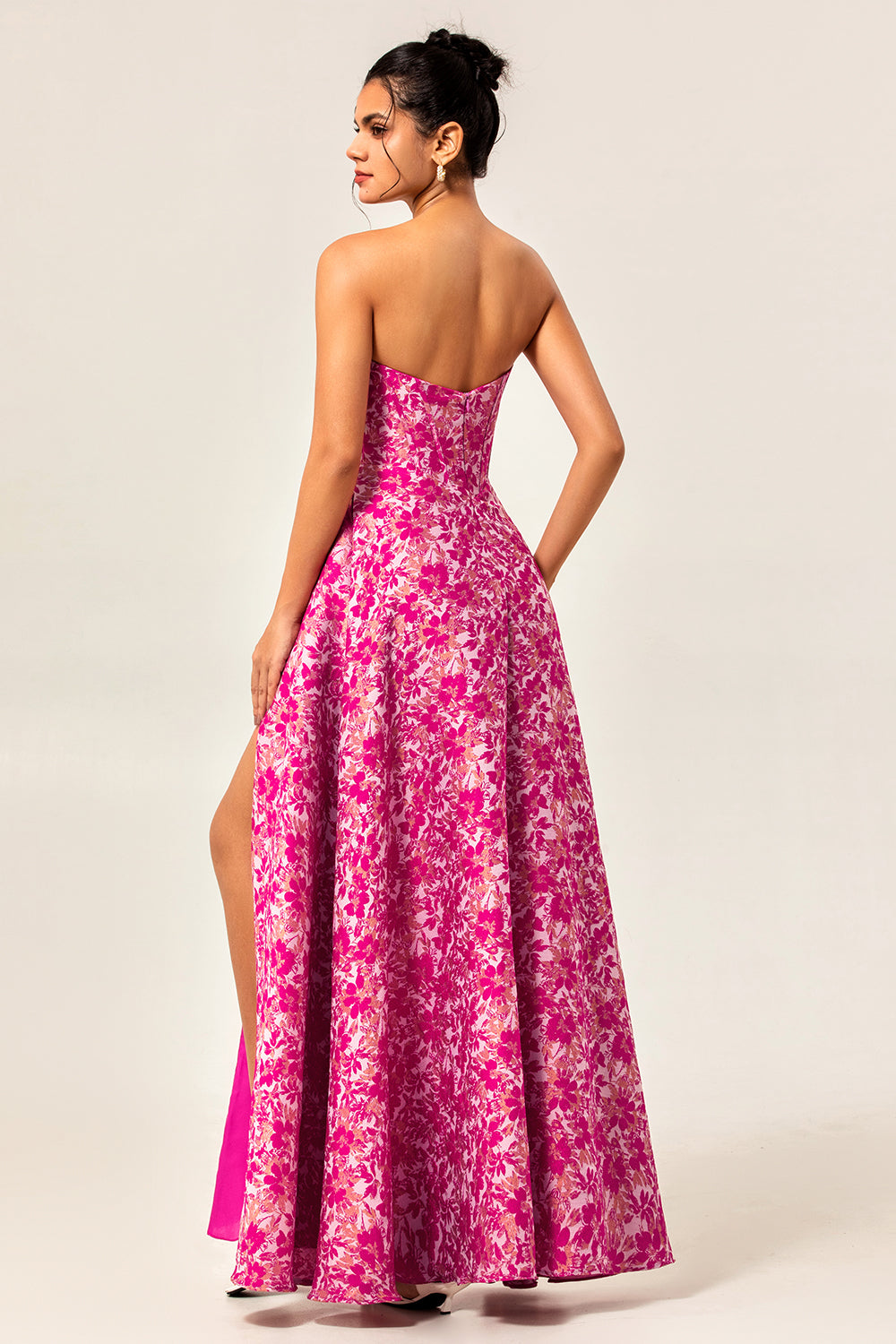 Floral Fuchsia Sweetheart Long Corset Wedding Guest Dress with Slit