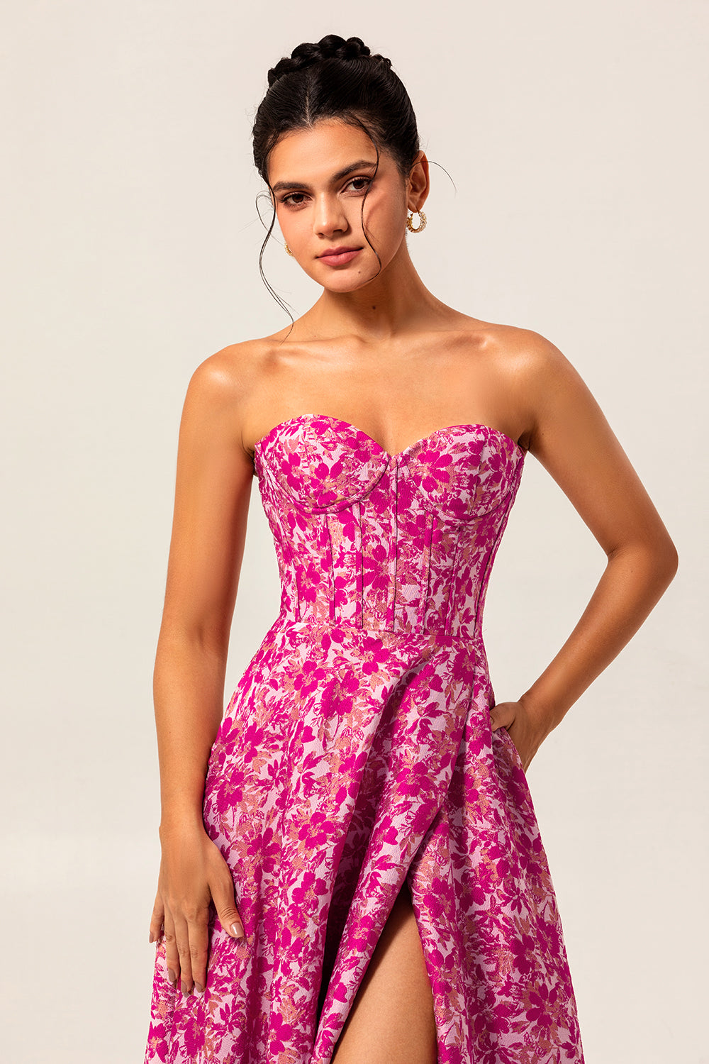 Floral Fuchsia Sweetheart Long Corset Wedding Guest Dress with Slit
