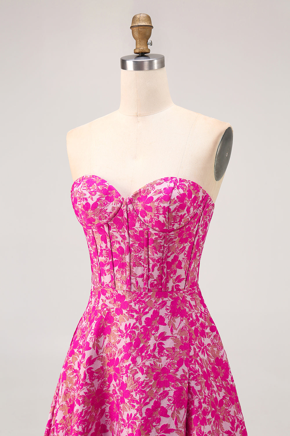 Floral Fuchsia A Line Long Corset Wedding Guest Dress with Slit