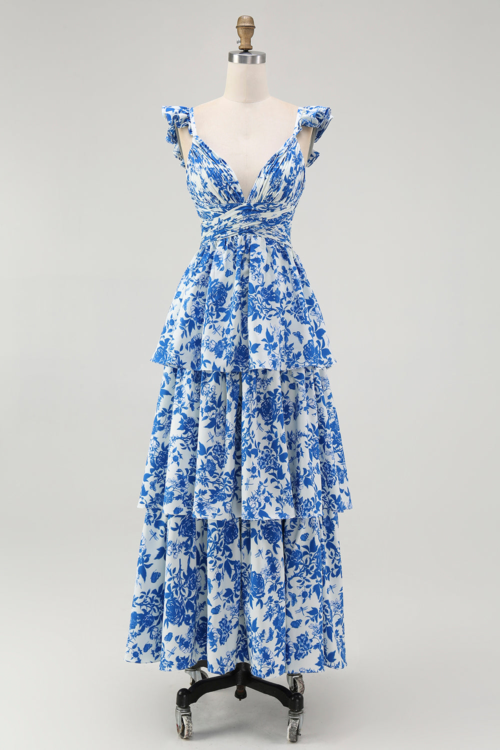 Floral Blue A Line Tiered Cut Out Long Wedding Guest Dress with Ruffles