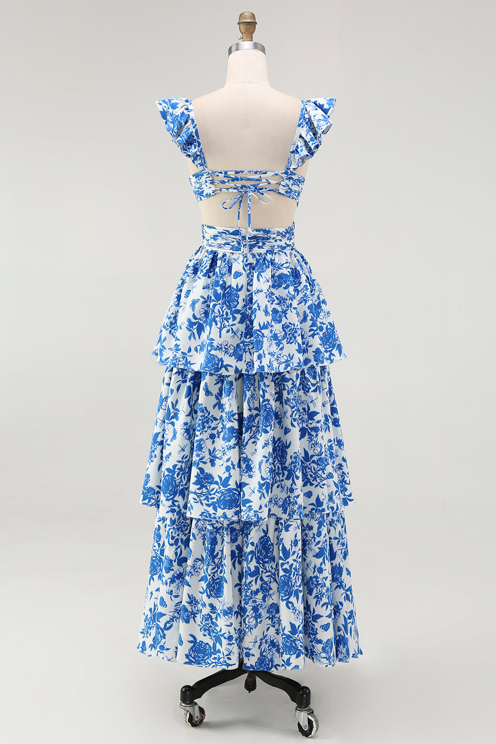 Floral Blue A Line Tiered Cut Out Long Wedding Guest Dress with Ruffles