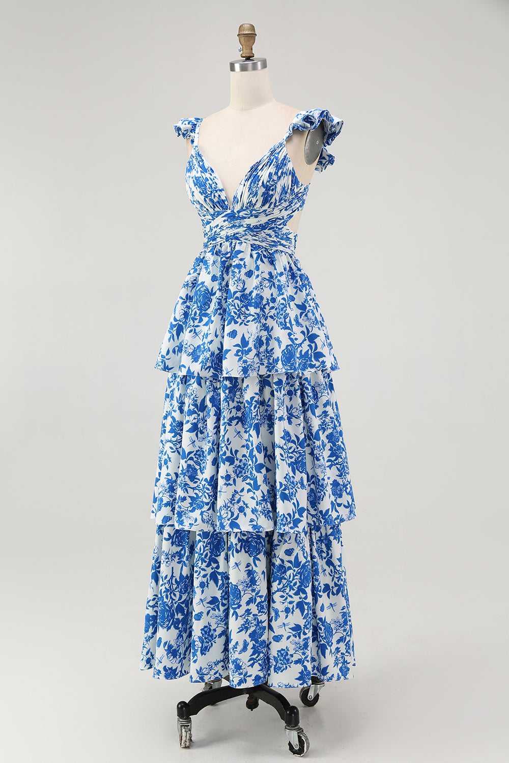 Floral Blue A Line Tiered Cut Out Long Wedding Guest Dress with Ruffles