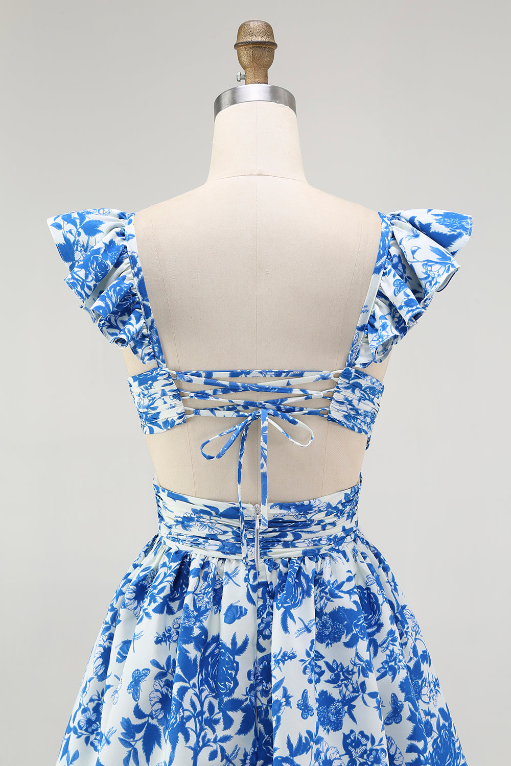 Floral Blue A Line Tiered Cut Out Long Wedding Guest Dress with Ruffles