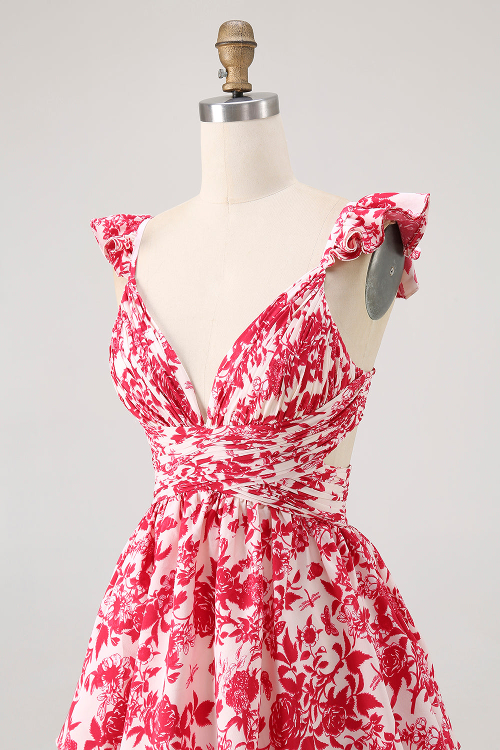 Floral Blue A Line Tiered Cut Out Long Wedding Guest Dress with Ruffles