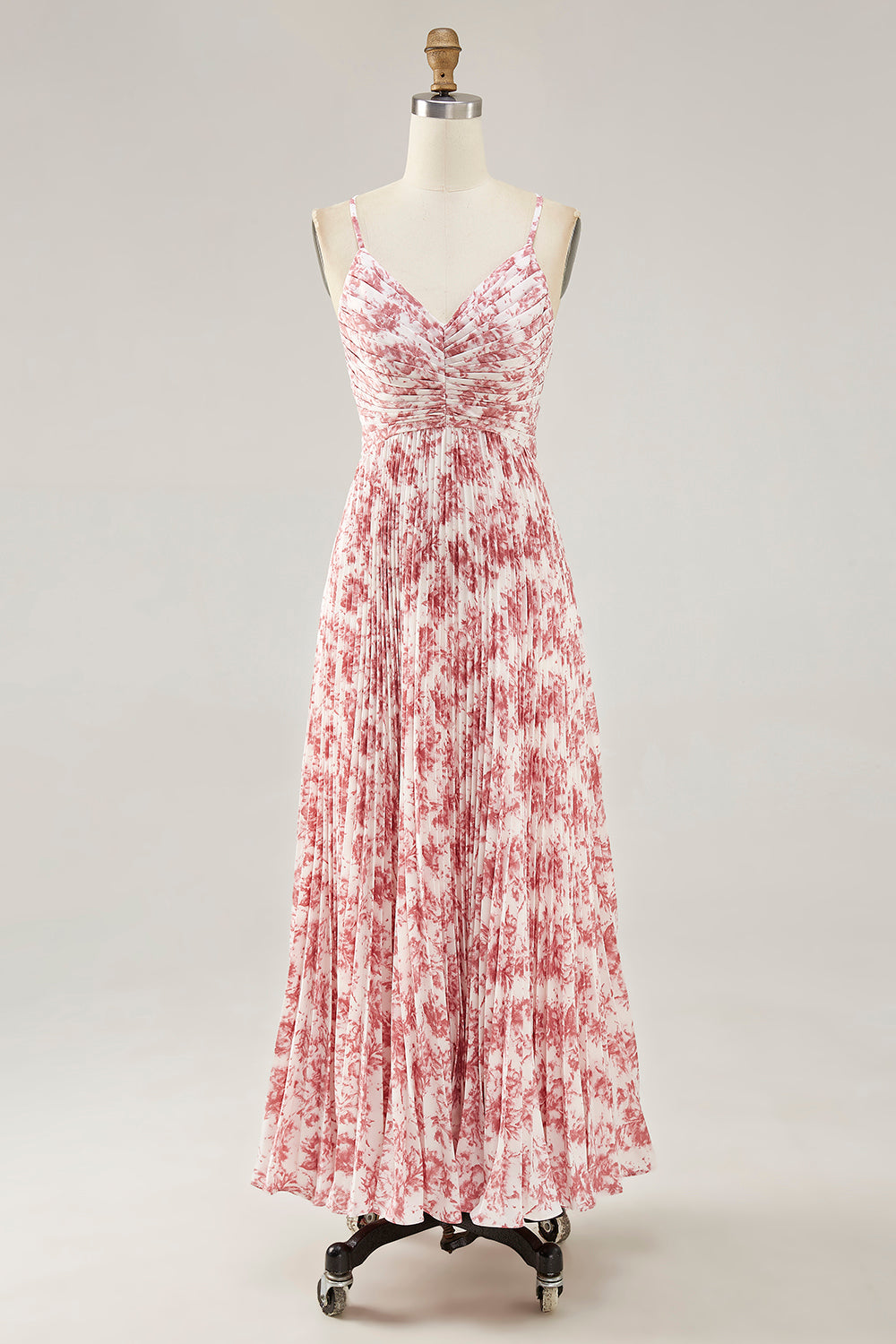 Blush Chiffon Pleated A Line Long Floral Wedding Guest Dress with Bow