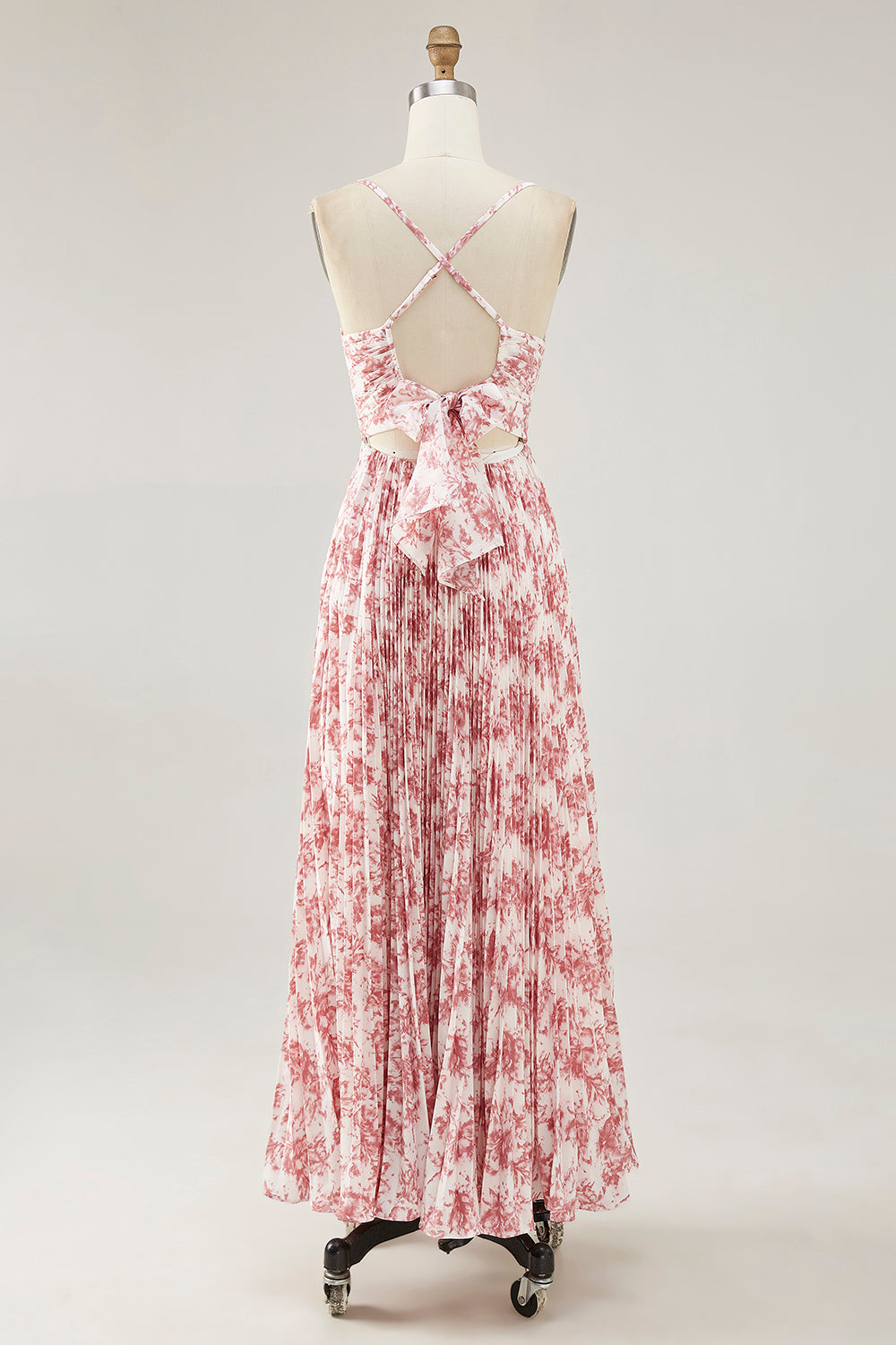 Blush Chiffon Pleated A Line Long Floral Wedding Guest Dress with Bow