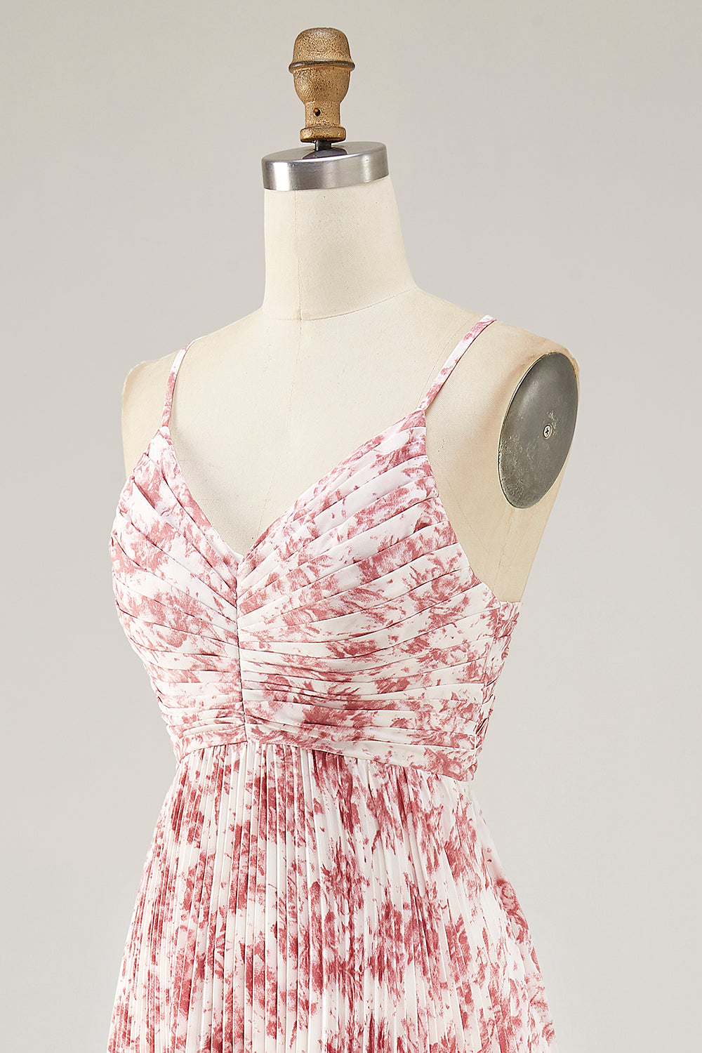 Blush Chiffon Pleated A Line Long Floral Wedding Guest Dress with Bow