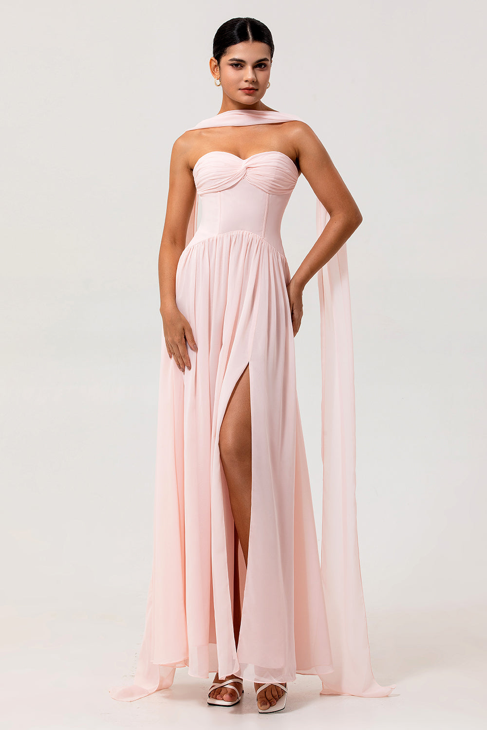 Blush Corset Chiffon Neck Scarf Long Wedding Guest Dress with Slit