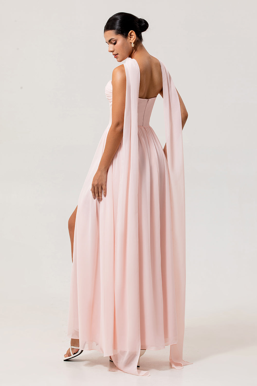 Blush Corset Chiffon Neck Scarf Long Wedding Guest Dress with Slit