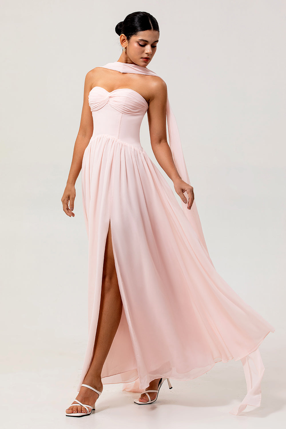 Blush Corset Chiffon Neck Scarf Long Wedding Guest Dress with Slit