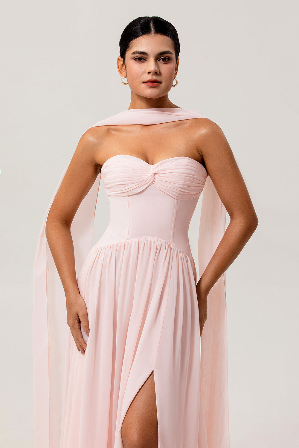 Blush Corset Chiffon Neck Scarf Long Wedding Guest Dress with Slit
