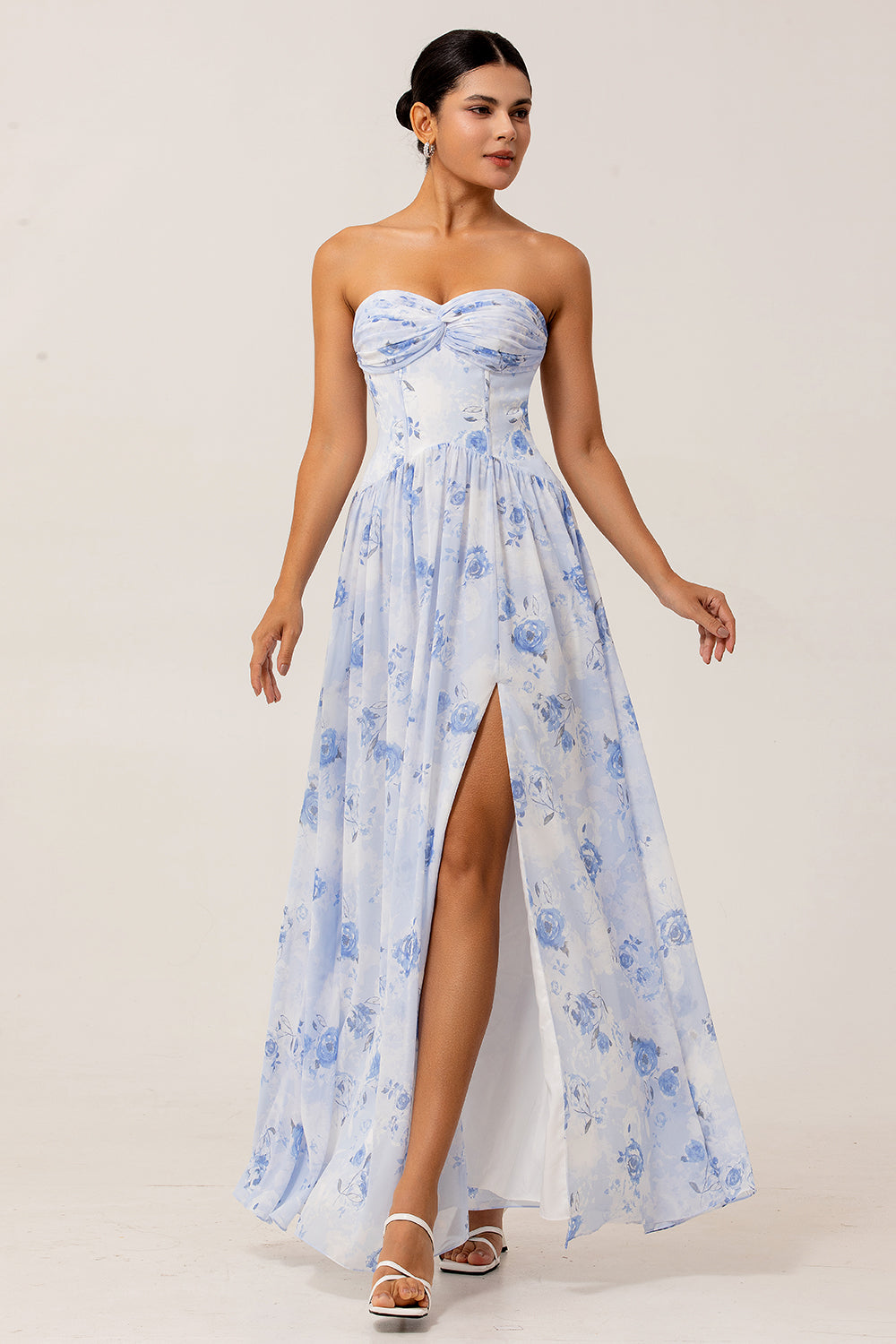 Blue Floral Corset Neck Scarf Long Wedding Guest Dress with Slit