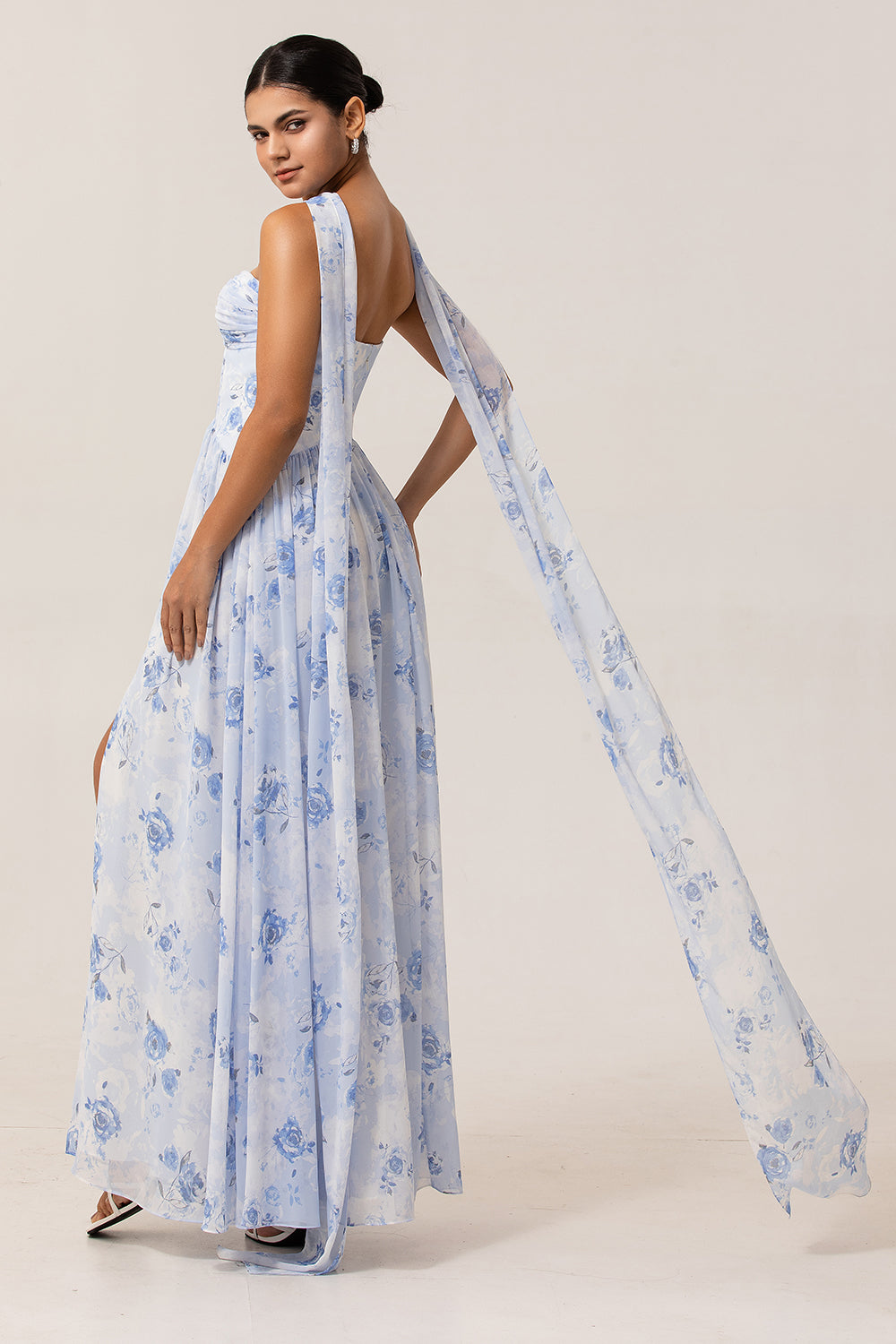 Blue Floral Corset Neck Scarf Long Wedding Guest Dress with Slit