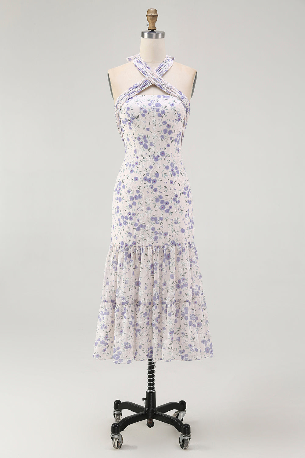 Floral White Blue Sheath Halter Midi Wedding Guest Dress with Bow