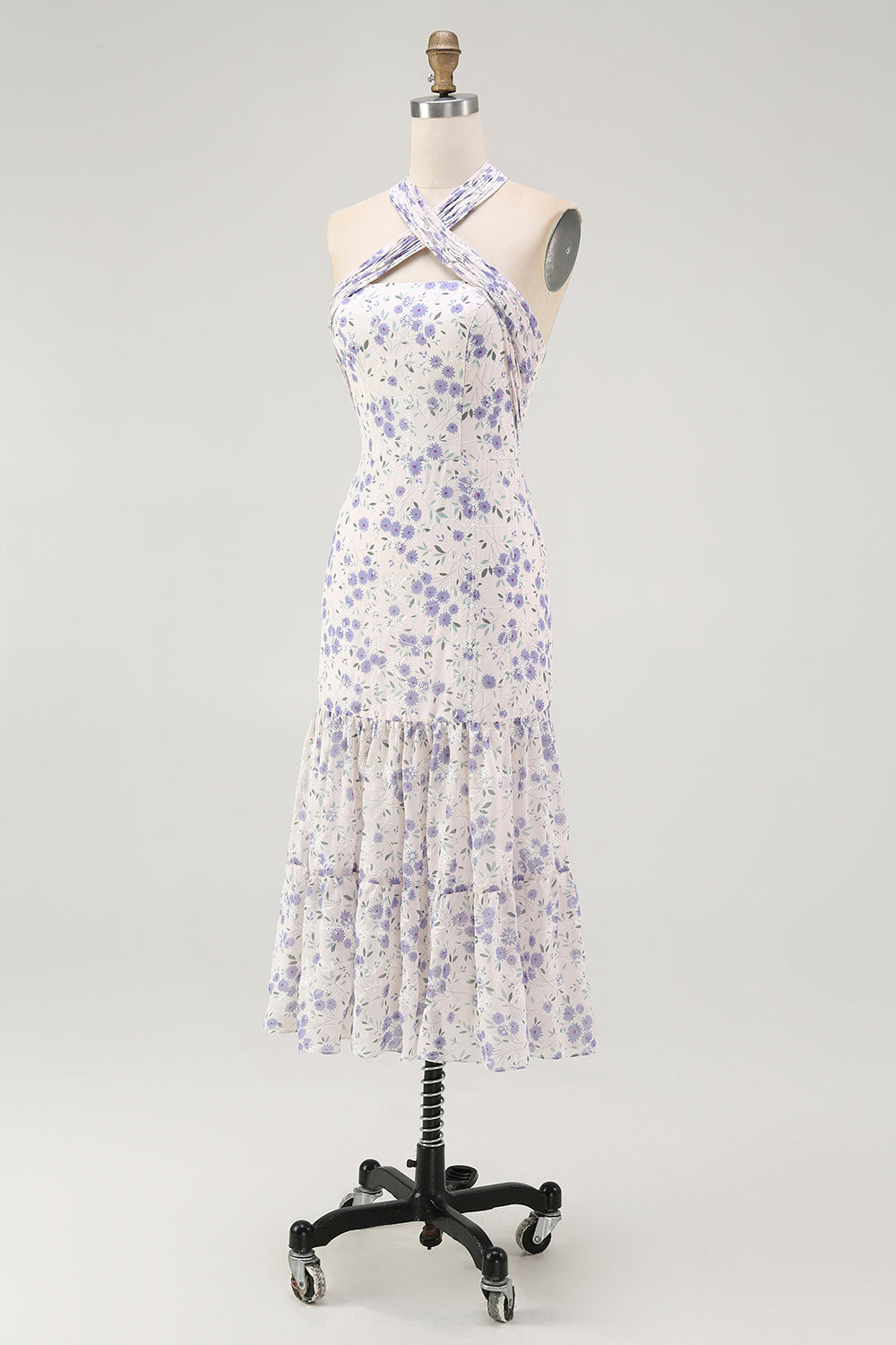 Floral White Blue Sheath Halter Midi Wedding Guest Dress with Bow