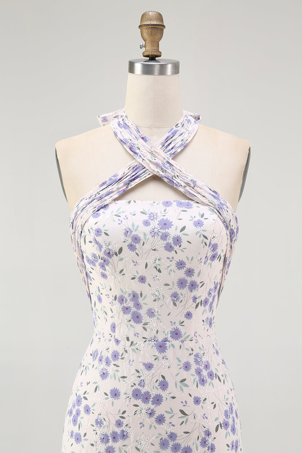 Floral White Blue Sheath Halter Midi Wedding Guest Dress with Bow