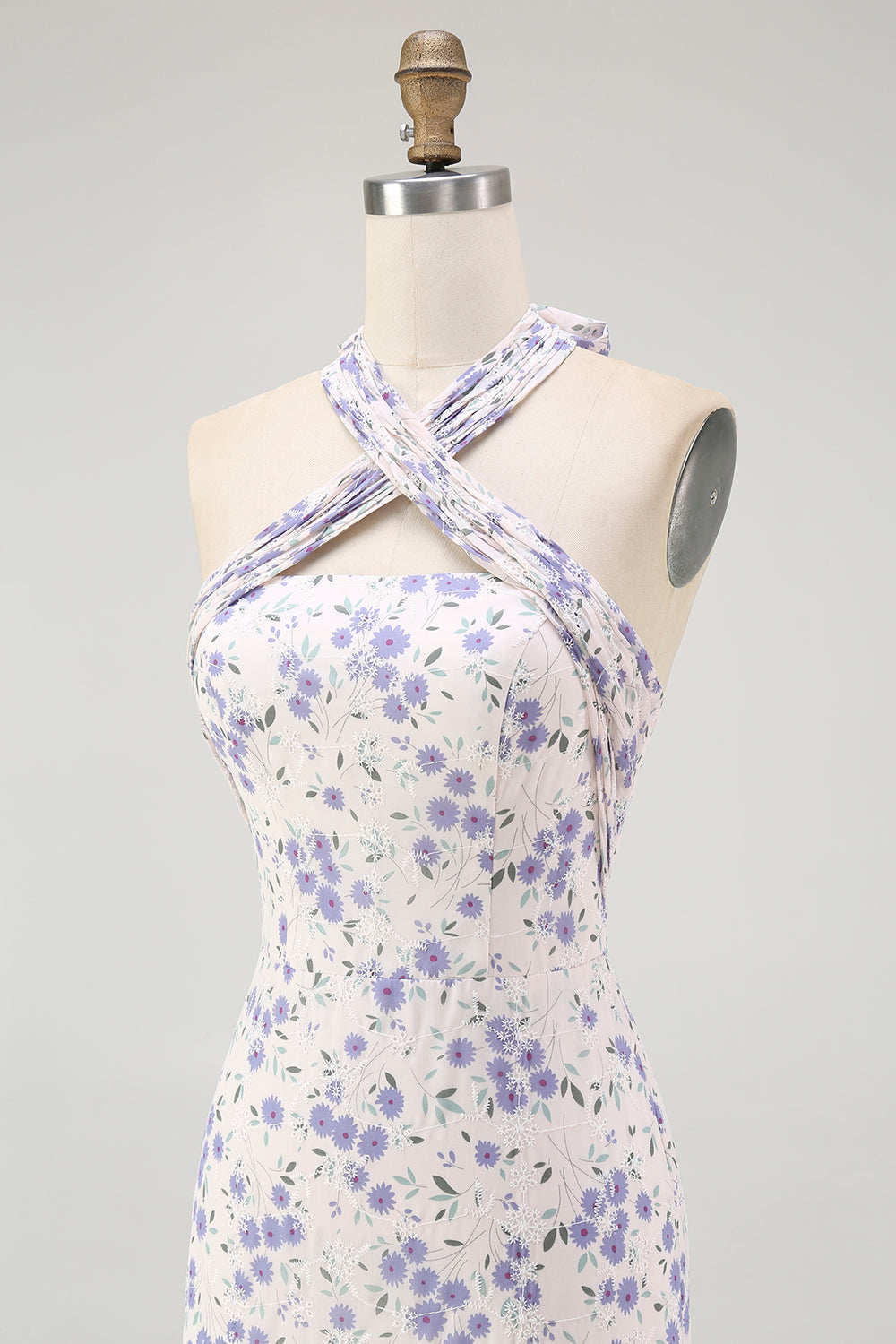 Floral White Blue Sheath Halter Midi Wedding Guest Dress with Bow