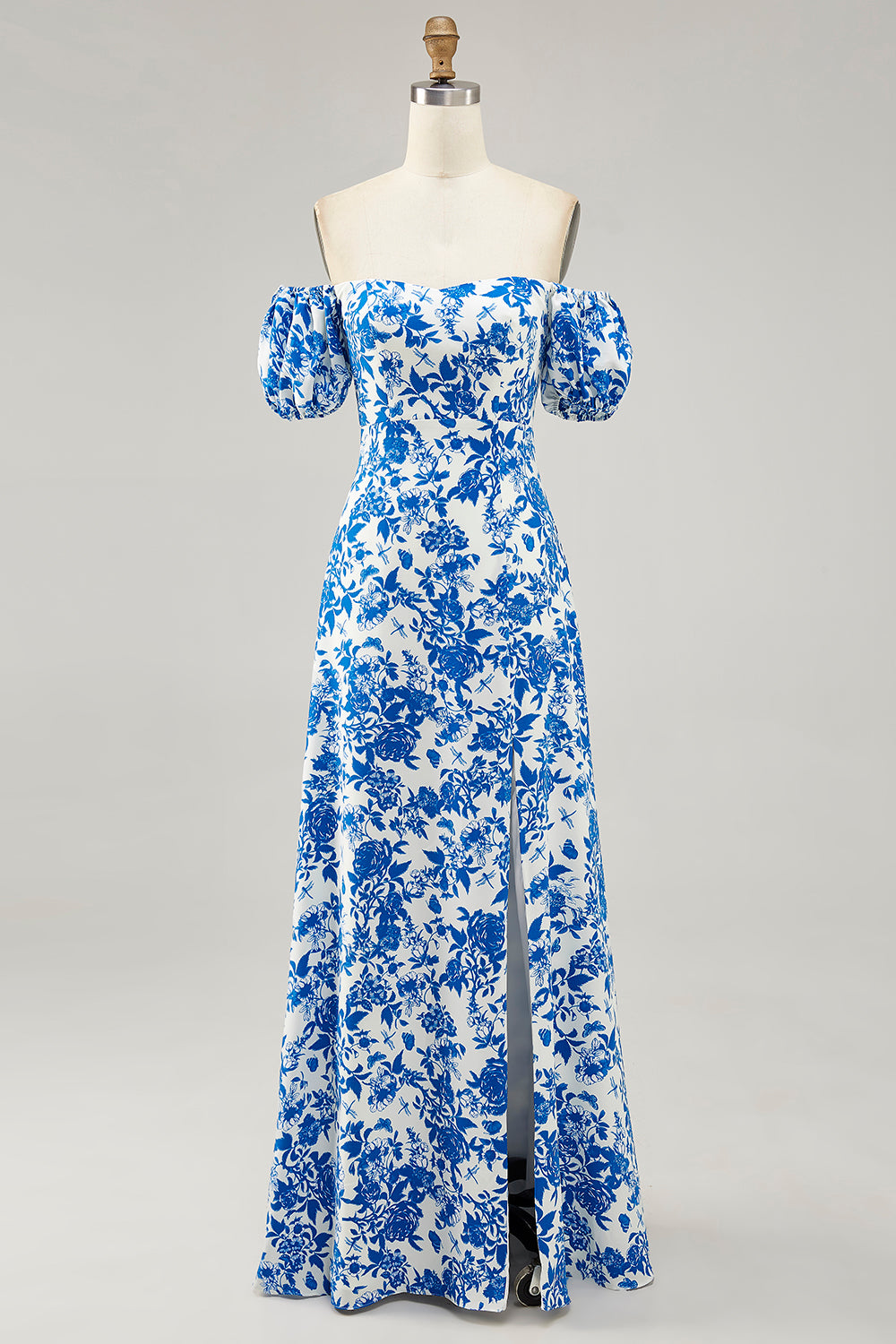 Floral Blue A Line Off the Shoulder Long Wedding Guest Dress with Slit