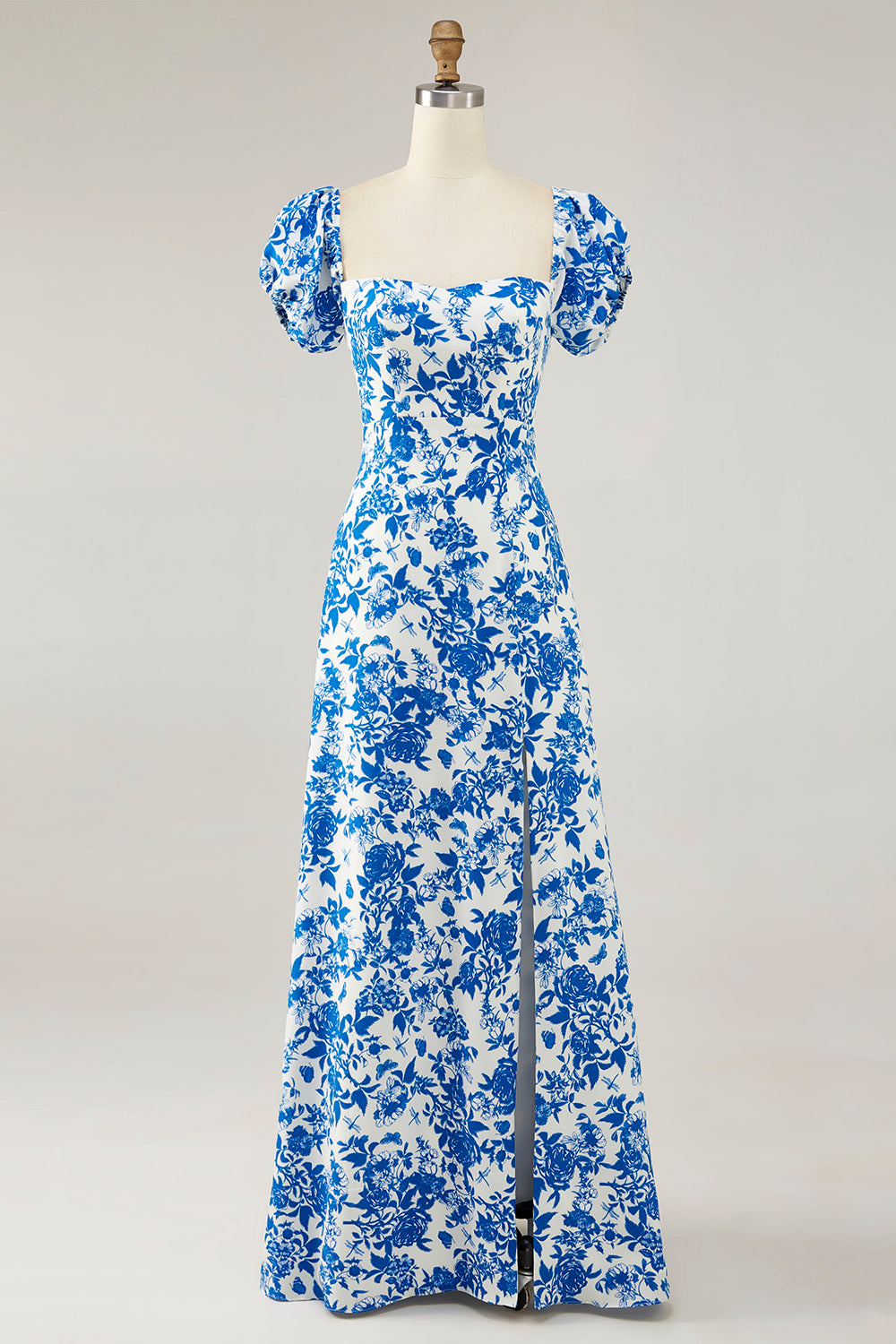 Floral Blue A Line Off the Shoulder Long Wedding Guest Dress with Slit