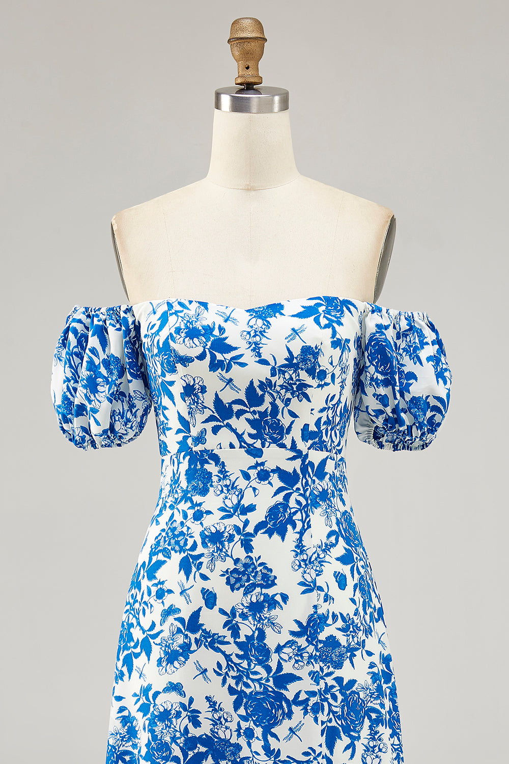 Floral Blue A Line Off the Shoulder Long Wedding Guest Dress with Slit