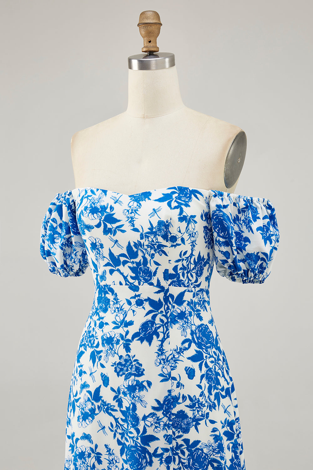 Floral Blue A Line Off the Shoulder Long Wedding Guest Dress with Slit
