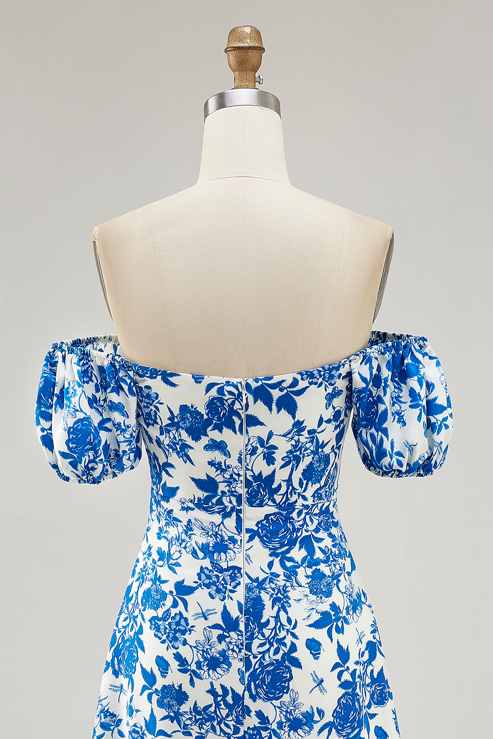 Floral Blue A Line Off the Shoulder Long Wedding Guest Dress with Slit
