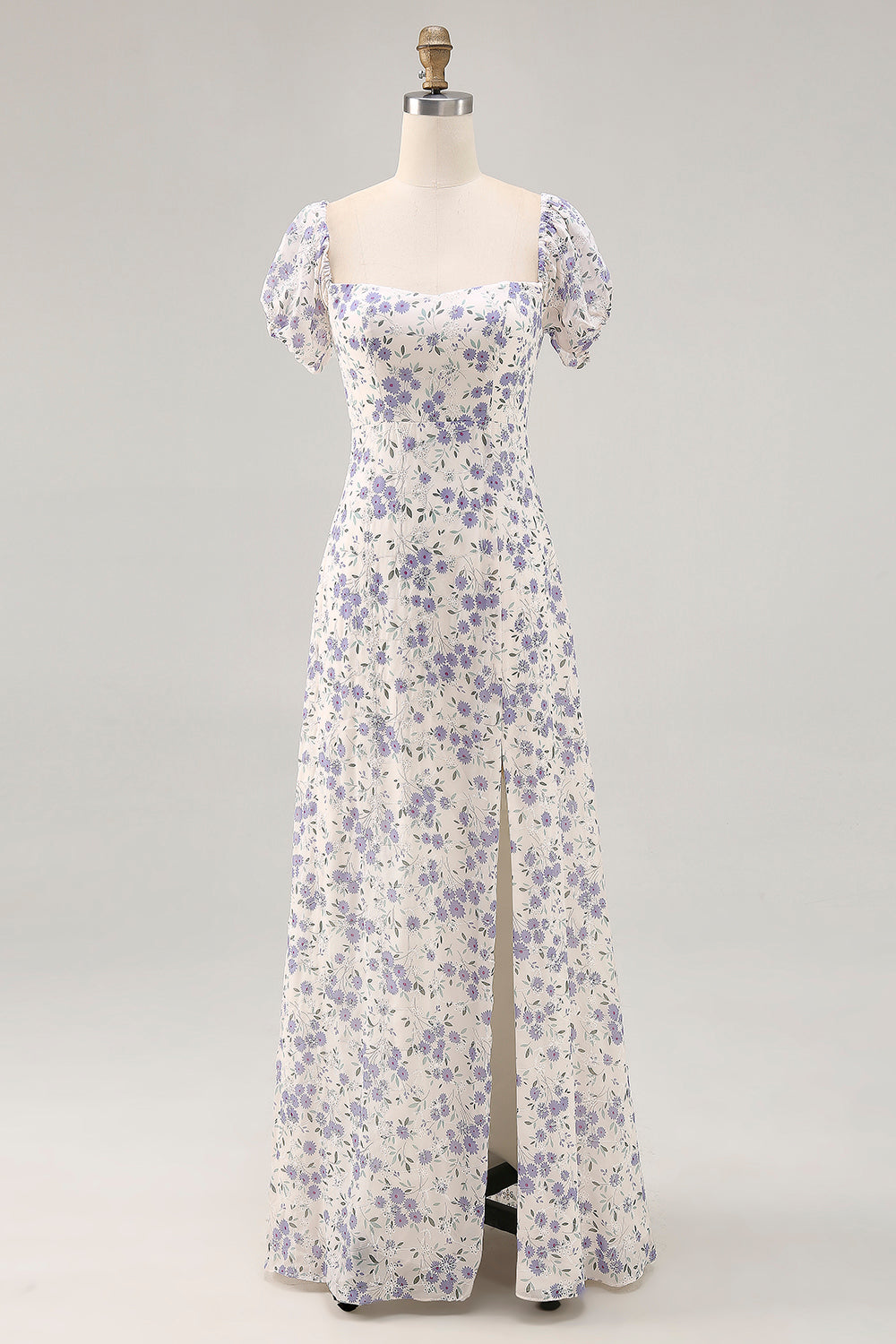 Blue Chiffon Square Neck Long Floral Wedding Guest Dress with Slit