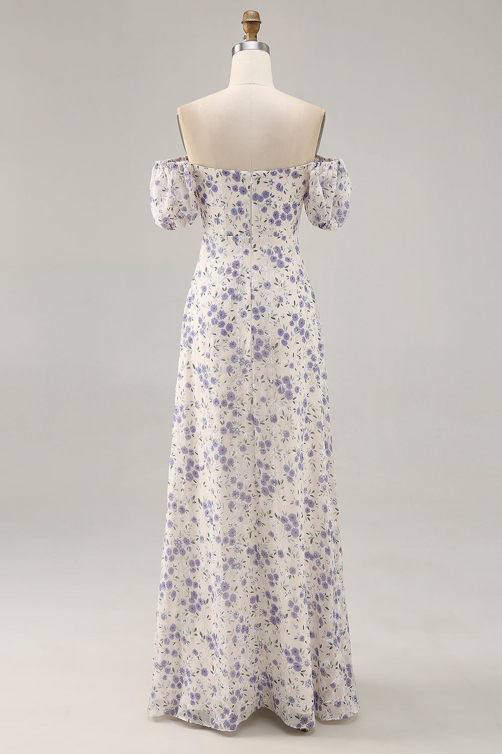 Blue Chiffon Square Neck Long Floral Wedding Guest Dress with Slit
