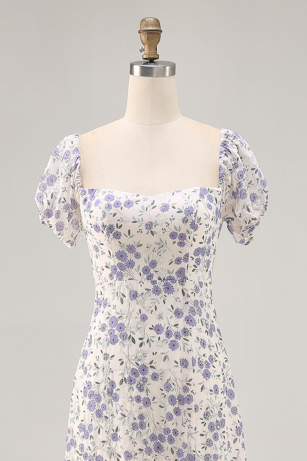 Blue Chiffon Square Neck Long Floral Wedding Guest Dress with Slit