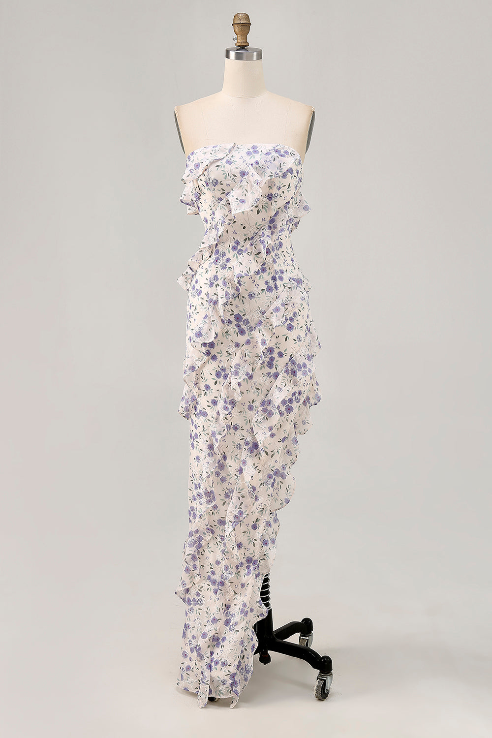 Floral Blue Ruffled Strapless Asymmetrical Wedding Guest Dress with Slit