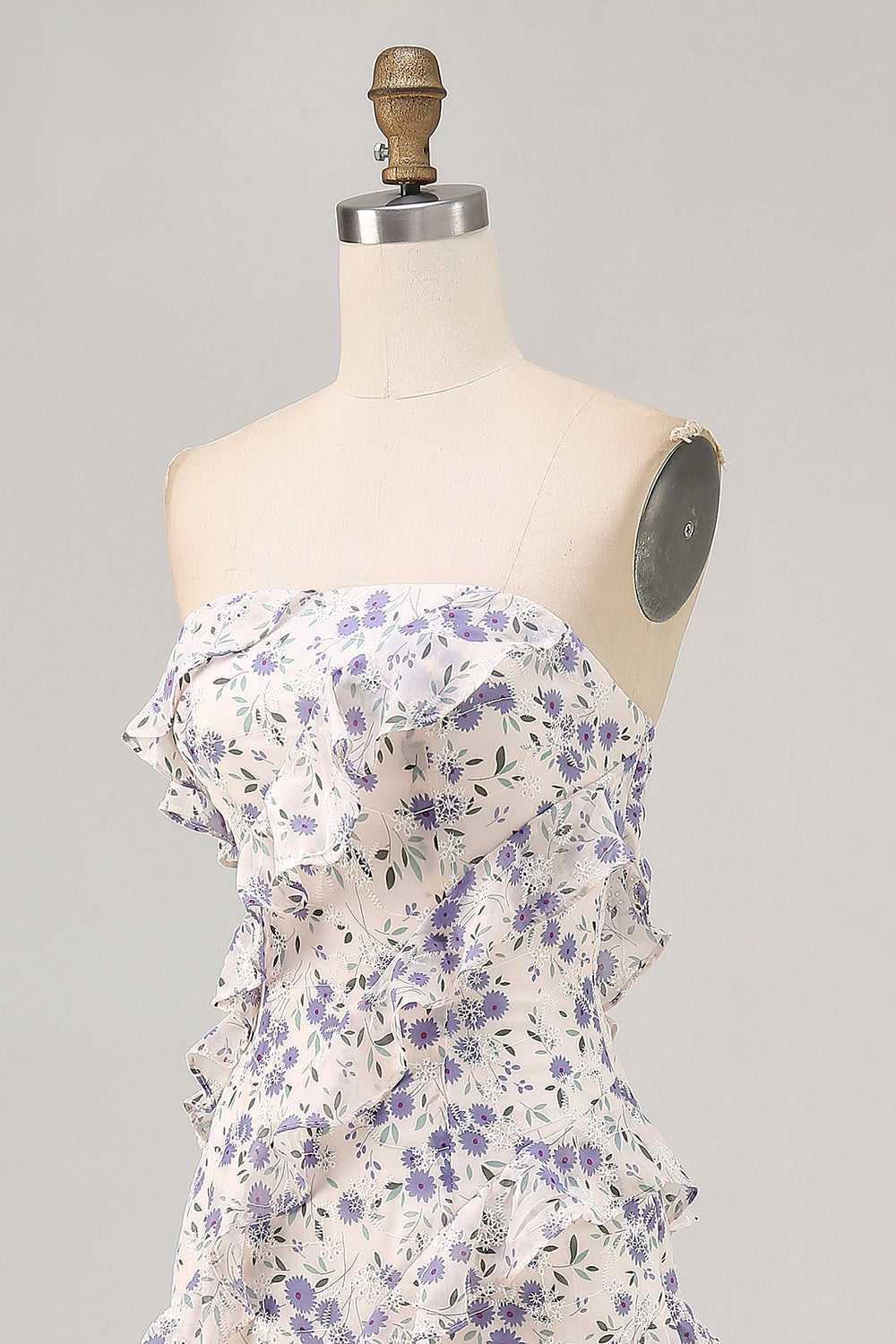 Floral Blue Ruffled Strapless Asymmetrical Wedding Guest Dress with Slit