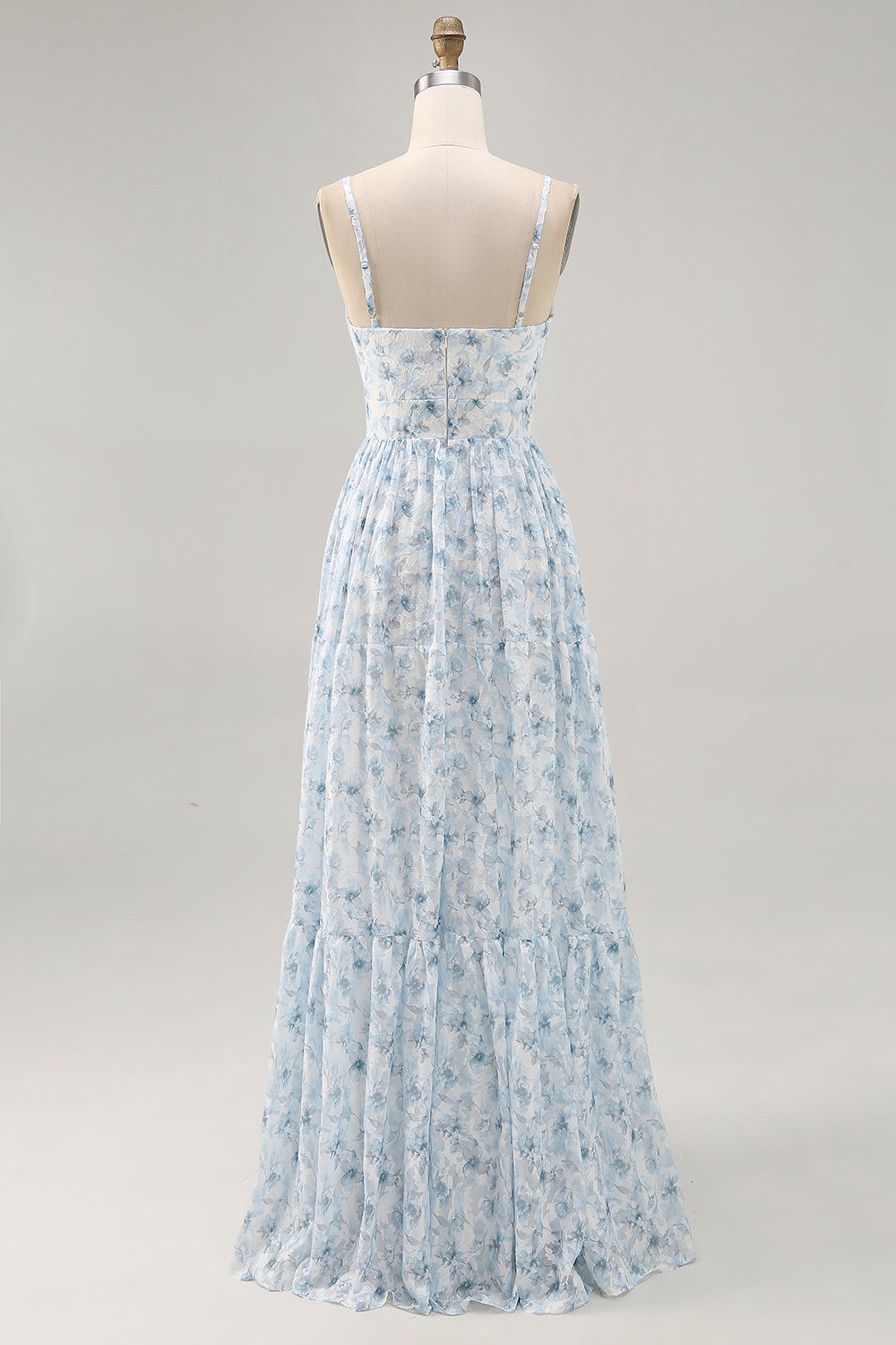 Floral Blue Chiffon Keyhole Ruched Long Wedding Guest Dress